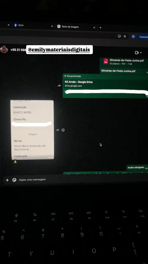 Print de conversa no WhatsApp: cliente recebe o material, envia o comprovante de pagamento e agradece