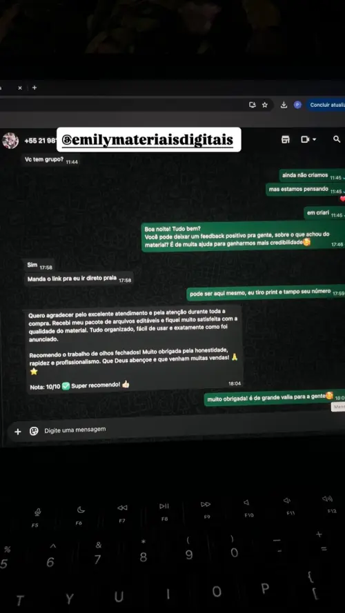 Print de conversa no WhatsApp: cliente agradece o atendimento, elogia a qualidade e a organização do material e dá nota 10 de 10