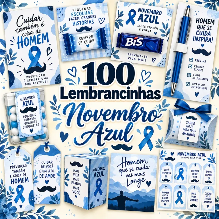 Kit com 100 modelos de lembrancinhas do Novembro Azul: cartões, tags, porta-bis, porta-caneta, caixinhas, embalagens de bala e cartela de etiquetas, todos em tons de azul com o laço e o bigode da campanha e frases como Cuidar também é coisa de homem